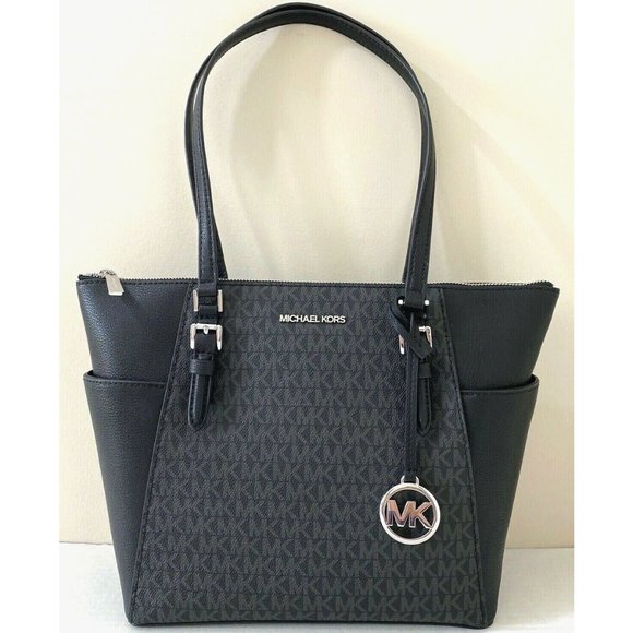 New Michael Kors Charlotte Large Shoulder Tote Signature Coated Canvas Black - Picture 1 of 6